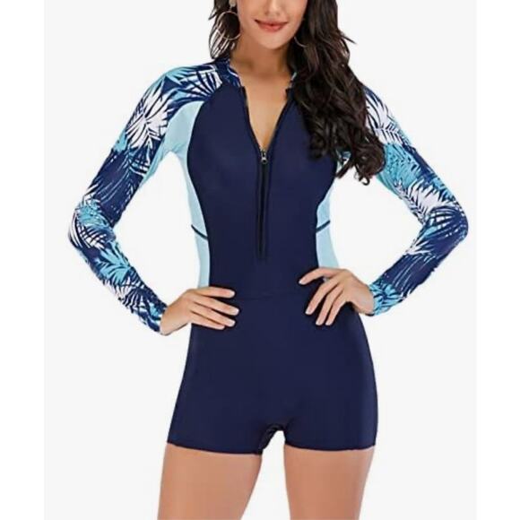 Ladies Rash Guard  Blue longsleeve boy shorts one piece suit XL - Picture 1 of 9